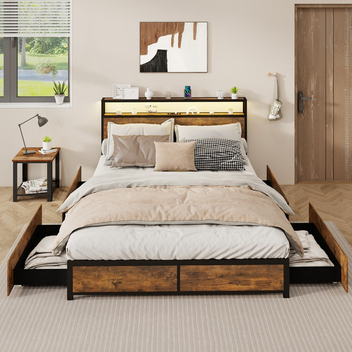 Estructura de Cama King 160 x 200 cm de Metal Cabecero de Luz LED RGB 4 Cajones de Almacenamiento Conexión USB Plataforma de Cama