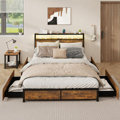 Estructura de Cama King 160 x 200 cm de Metal Cabecero de Luz LED RGB 4 Cajones de Almacenamiento Conexión USB Plataforma de Cama