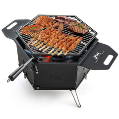 Estufa de Carbón Portátil con Asas Parrilla Giratoria 360° Cuerpo y Patas Plegables Parrilla de Barbaco para Fiestas Camping y Mochileros
