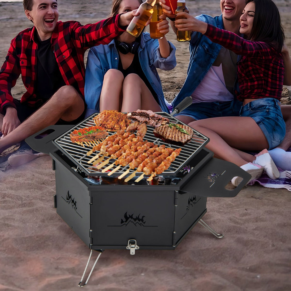 Estufa de Carbón Portátil con Asas Parrilla Giratoria 360° Cuerpo y Patas Plegables Parrilla de Barbaco para Fiestas Camping y Mochileros