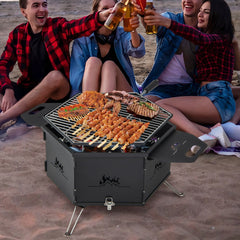 Estufa de Carbón Portátil con Asas Parrilla Giratoria 360° Cuerpo y Patas Plegables Parrilla de Barbaco para Fiestas Camping y Mochileros