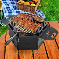 Estufa de Carbón Portátil con Asas Parrilla Giratoria 360° Cuerpo y Patas Plegables Parrilla de Barbaco para Fiestas Camping y Mochileros