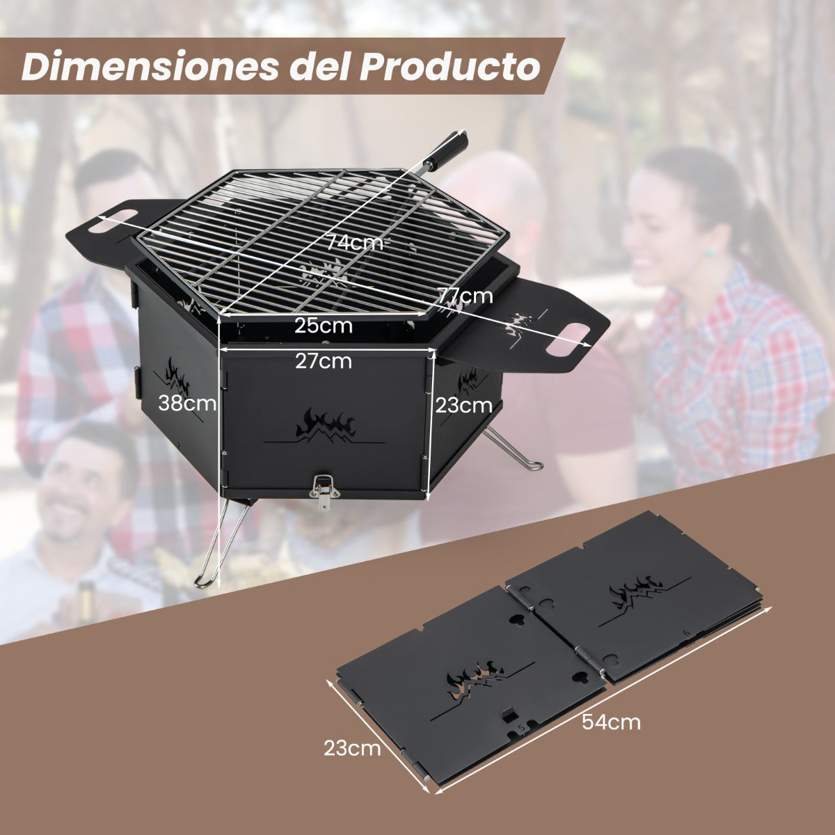 Estufa de Carbón Portátil con Asas Parrilla Giratoria 360° Cuerpo y Patas Plegables Parrilla de Barbaco para Fiestas Camping y Mochileros