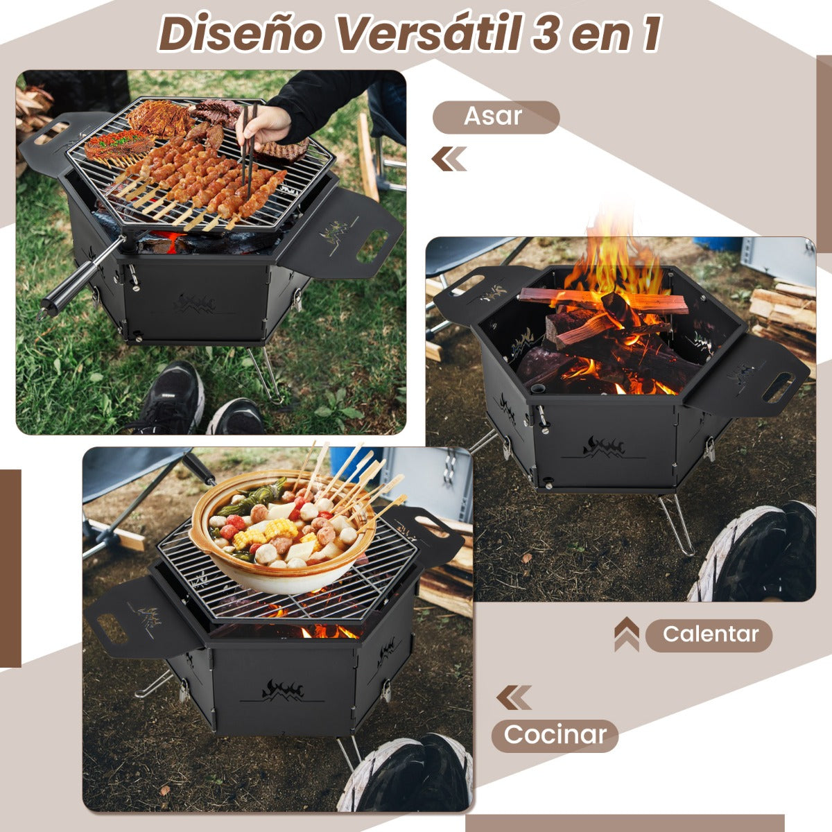 Estufa de Carbón Portátil con Asas Parrilla Giratoria 360° Cuerpo y Patas Plegables Parrilla de Barbaco para Fiestas Camping y Mochileros