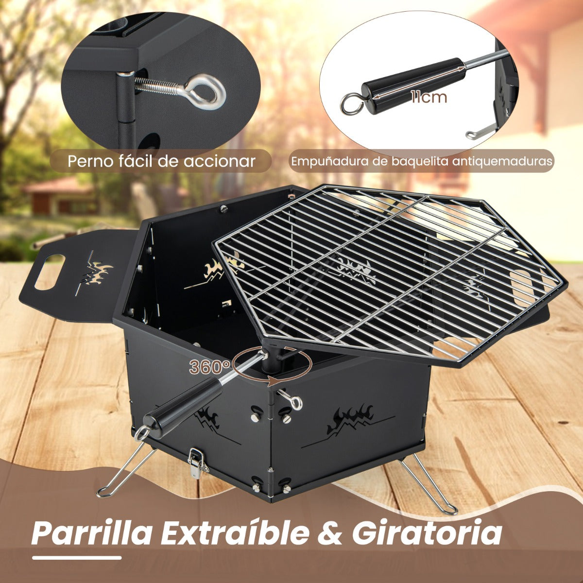 Estufa de Carbón Portátil con Asas Parrilla Giratoria 360° Cuerpo y Patas Plegables Parrilla de Barbaco para Fiestas Camping y Mochileros