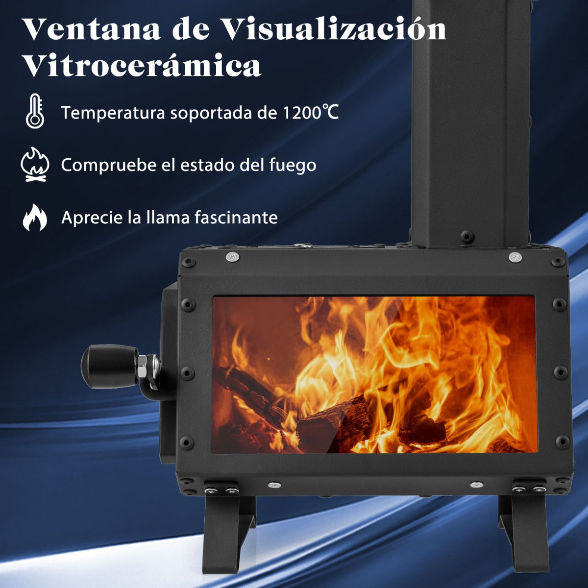 Estufa de Leña Portátil con 2 Posiciones de Cocción Manija de Puerta y Ventana de Vidrio Resistente al Calor para Cocinar y Acampar