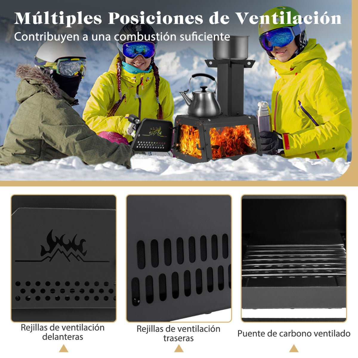 Estufa de Leña Portátil con 2 Posiciones de Cocción Manija de Puerta y Ventana de Vidrio Resistente al Calor para Cocinar y Acampar