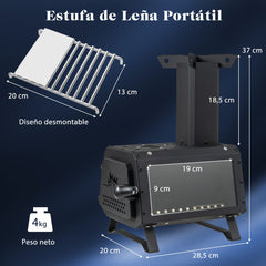 Estufa de Leña Portátil con 2 Posiciones de Cocción Manija de Puerta y Ventana de Vidrio Resistente al Calor para Cocinar y Acampar