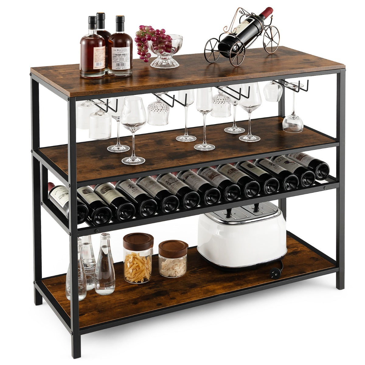 Estante Botellero de Vino Mueble Bar Industrial con Botellero y 4 Filas de Soportes para Vasos para Cocina Comedor Buffet 102 x 40 x 87 cm