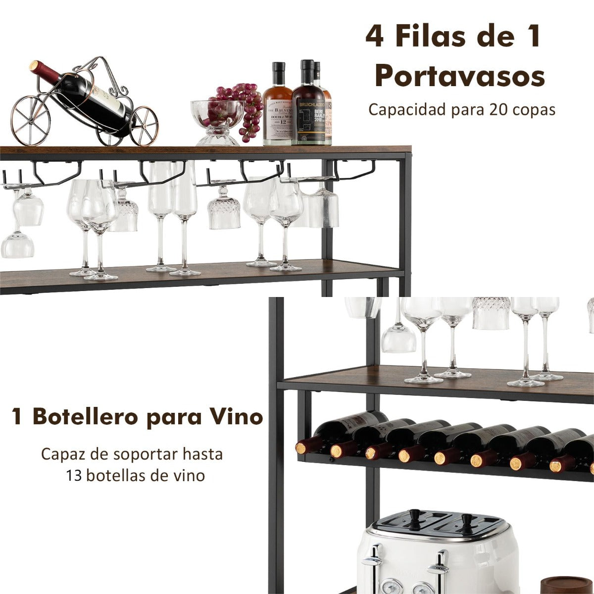 Estante Botellero de Vino Mueble Bar Industrial con Botellero y 4 Filas de Soportes para Vasos para Cocina Comedor Buffet 102 x 40 x 87 cm