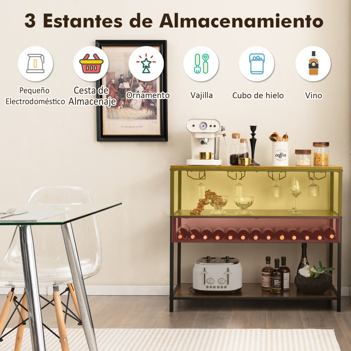Estante Botellero de Vino Mueble Bar Industrial con Botellero y 4 Filas de Soportes para Vasos para Cocina Comedor Buffet 102 x 40 x 87 cm
