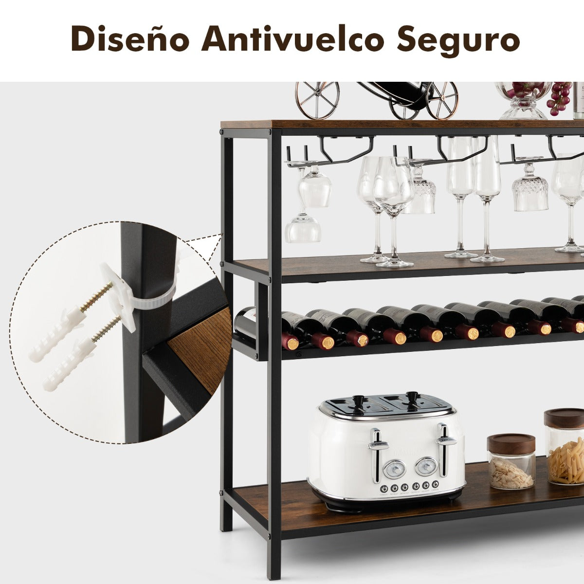 Estante Botellero de Vino Mueble Bar Industrial con Botellero y 4 Filas de Soportes para Vasos para Cocina Comedor Buffet 102 x 40 x 87 cm