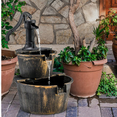 Fuente de Cascada de Barril al Aire Libre de 2 Niveles con Bomba Ajustable para Jardín Patio 45,5 x 41 x 68 cm Bronce