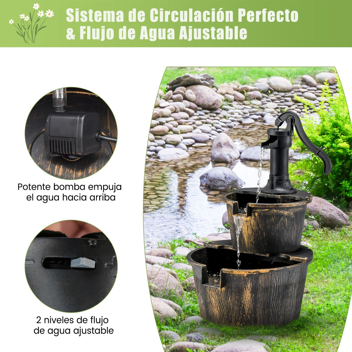 Fuente de Cascada de Barril al Aire Libre de 2 Niveles con Bomba Ajustable para Jardín Patio 45,5 x 41 x 68 cm Bronce