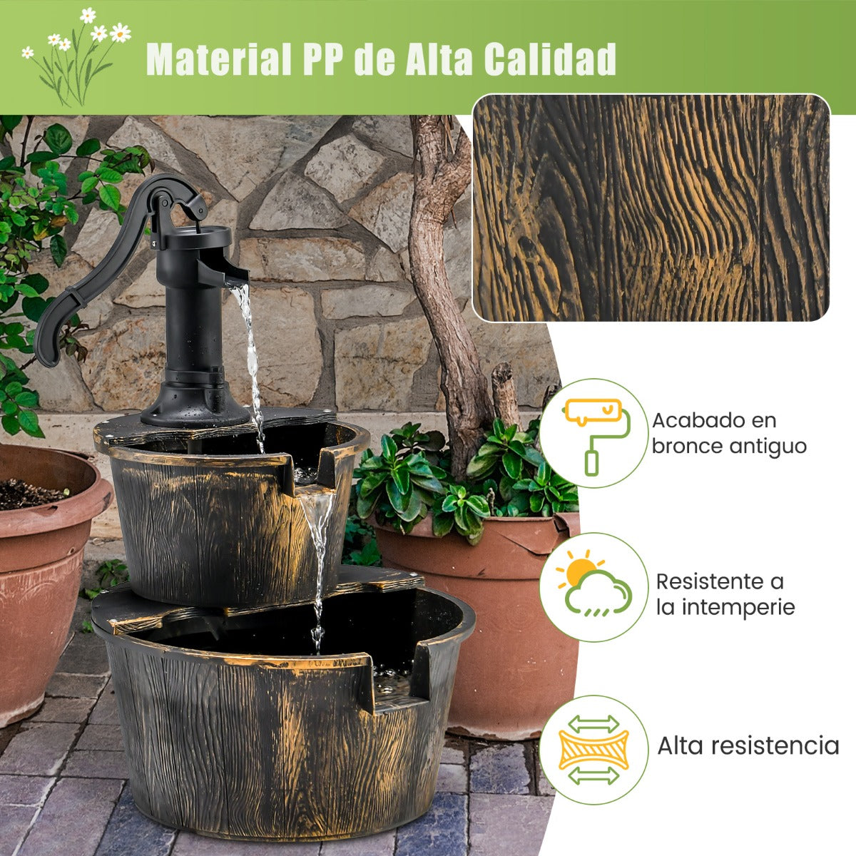 Fuente de Cascada de Barril al Aire Libre de 2 Niveles con Bomba Ajustable para Jardín Patio 45,5 x 41 x 68 cm Bronce