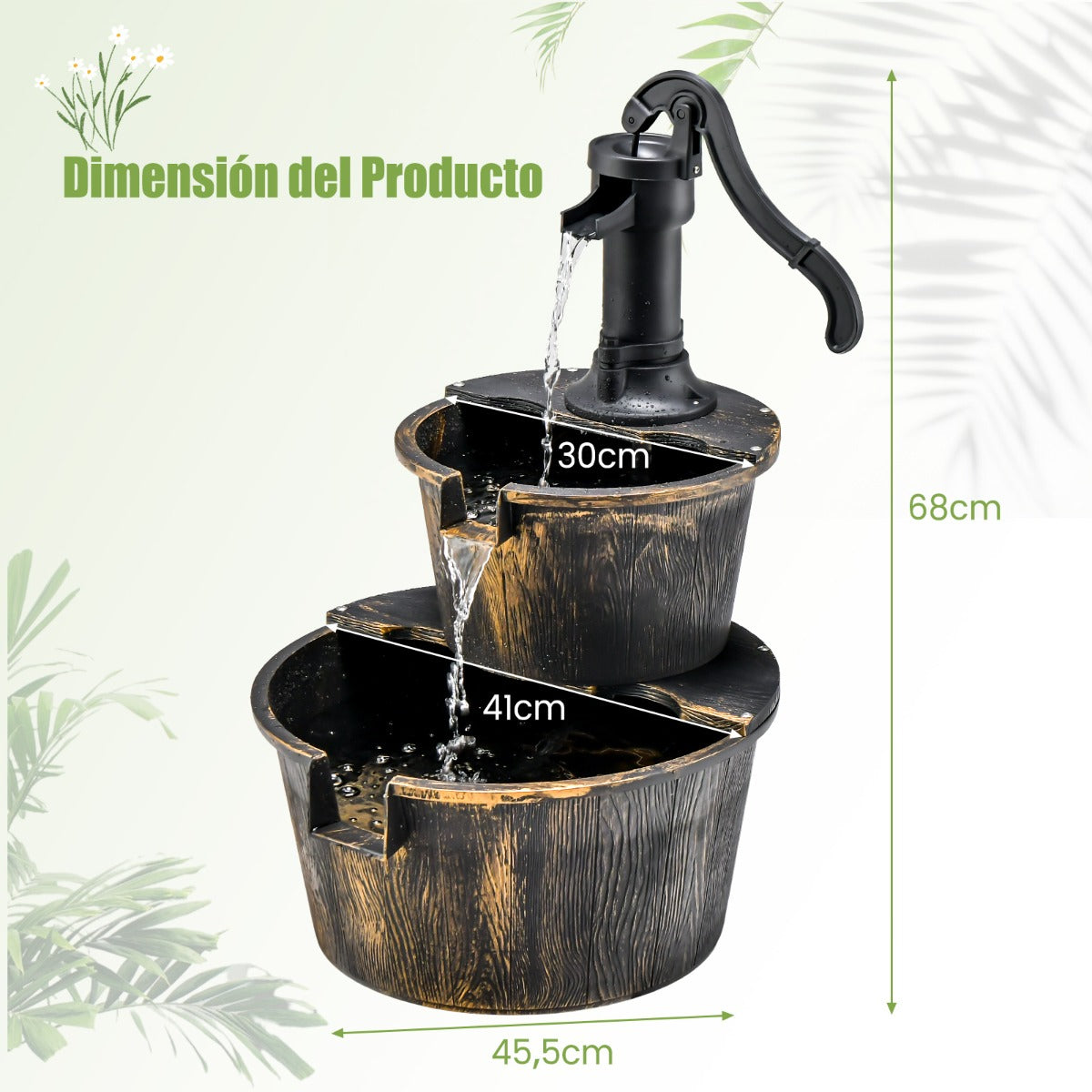 Fuente de Cascada de Barril al Aire Libre de 2 Niveles con Bomba Ajustable para Jardín Patio 45,5 x 41 x 68 cm Bronce