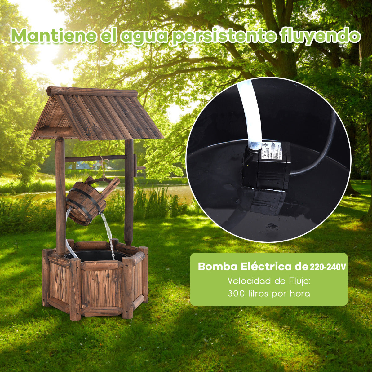 Fuente de Pozo de Deseos de Agua Rústica de Madera de Jardín Fuente Decorativa de Patio con Bomba Eléctrica 58,5 x 51 x 117 cm