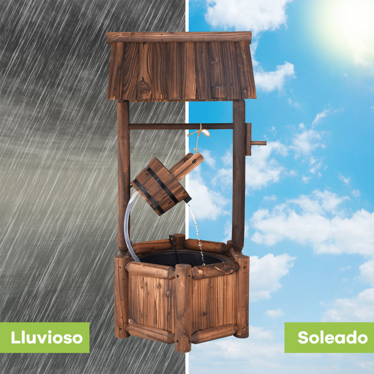 Fuente de Pozo de Deseos de Agua Rústica de Madera de Jardín Fuente Decorativa de Patio con Bomba Eléctrica 58,5 x 51 x 117 cm