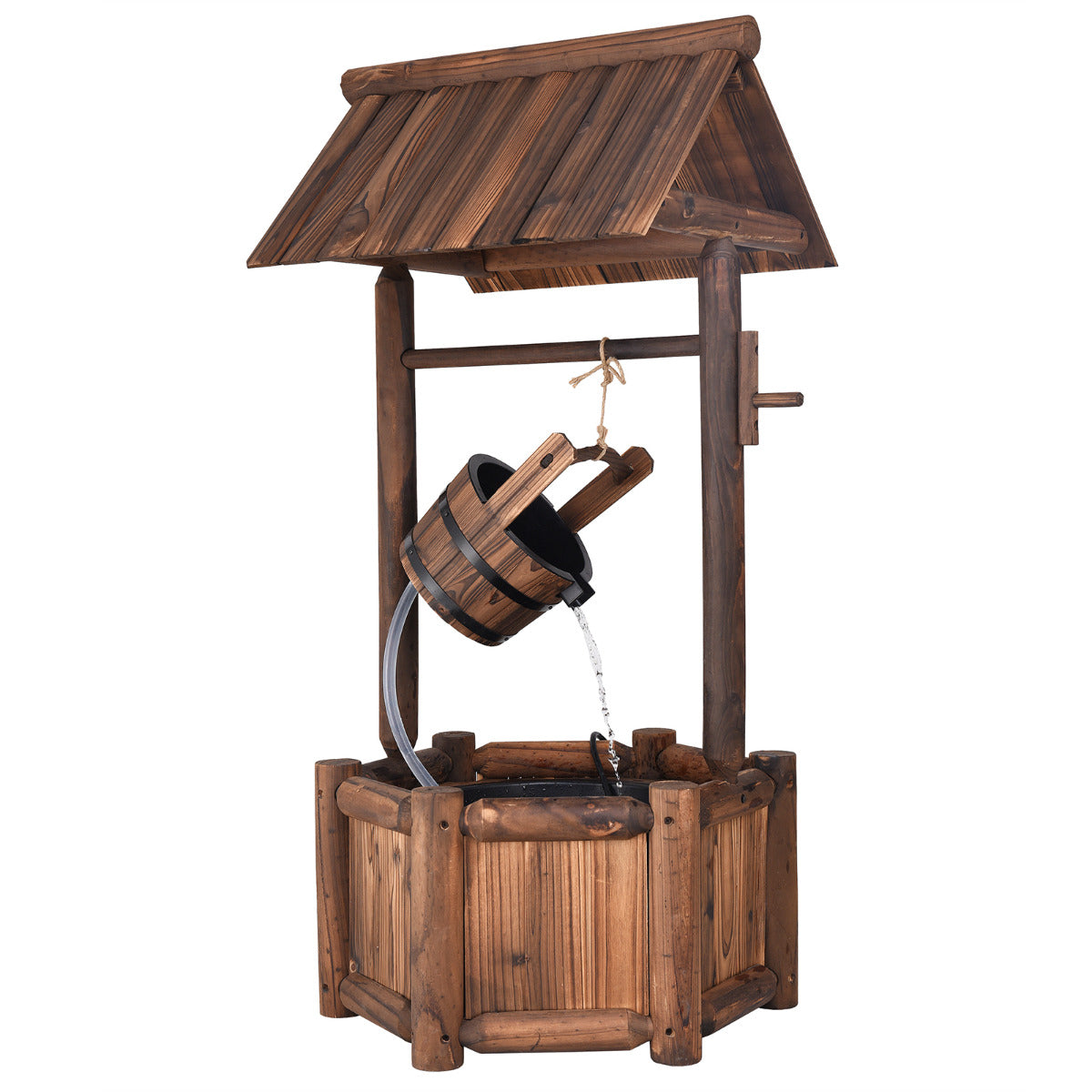 Fuente de Pozo de Deseos de Agua Rústica de Madera de Jardín Fuente Decorativa de Patio con Bomba Eléctrica 58,5 x 51 x 117 cm