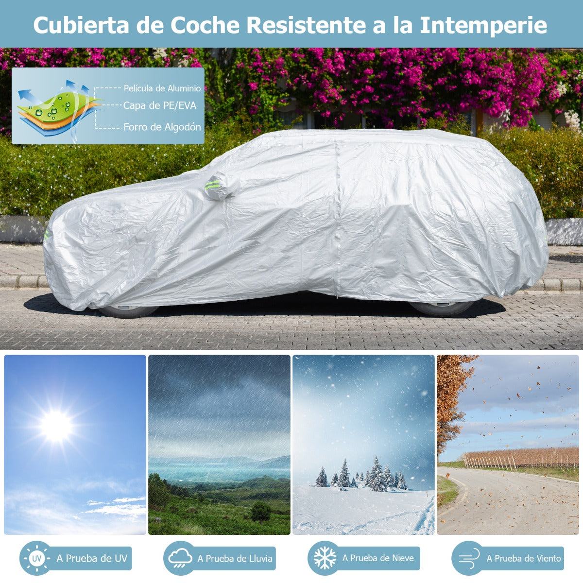 492 cm Funda Coche Exterior con Cremallera Tiras Reflectantes y Bolsa de Almacenamiento Cubierta para Auto Resistente Intemperie
