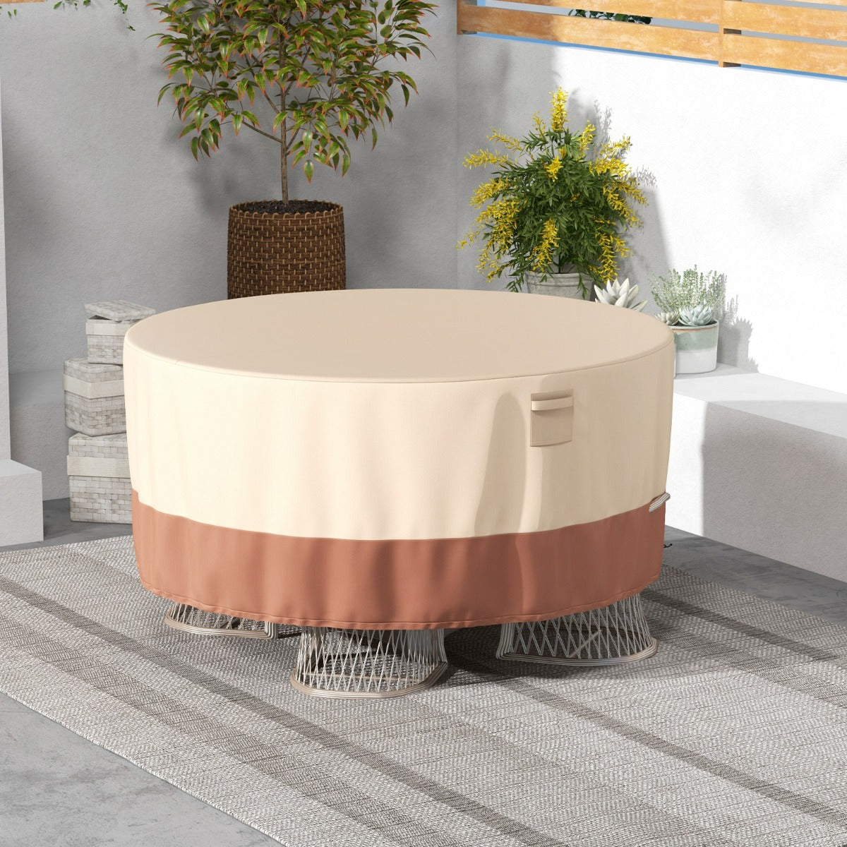 158 cm Funda Redonda Mesa Exterior Impermeable para Conjuntos de Muebles con Ventilación Hebillas y Cordones Funda Impermeable Beige
