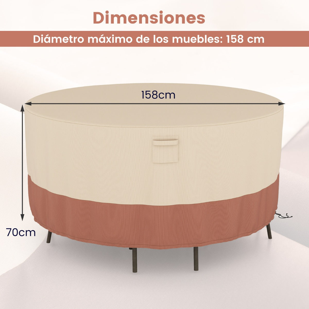 158 cm Funda Redonda Mesa Exterior Impermeable para Conjuntos de Muebles con Ventilación Hebillas y Cordones Funda Impermeable Beige