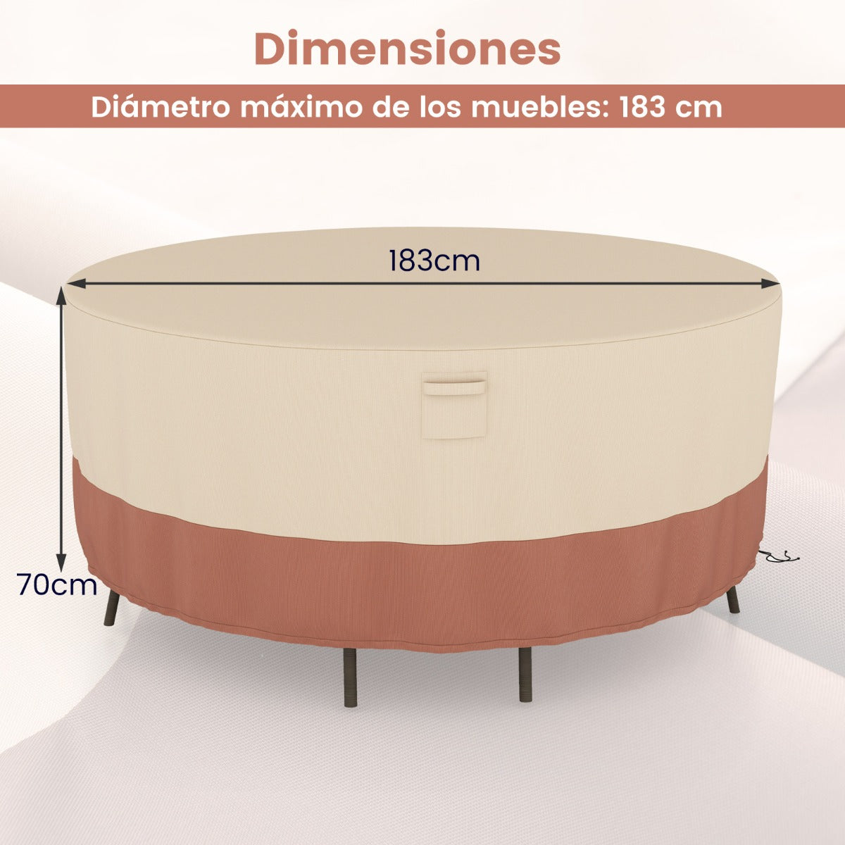 183 cm Funda Redonda Mesa Exterior Impermeable para Conjuntos de Muebles con Ventilación Hebillas y Cordones Funda Impermeable Beige