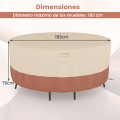 183 cm Funda Redonda Mesa Exterior Impermeable para Conjuntos de Muebles con Ventilación Hebillas y Cordones Funda Impermeable Beige