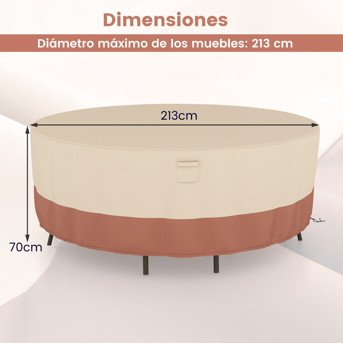 213 cm Funda Redonda Mesa Exterior Impermeable para Conjuntos de Muebles con Ventilación Hebillas y Cordones Funda Impermeable Beige