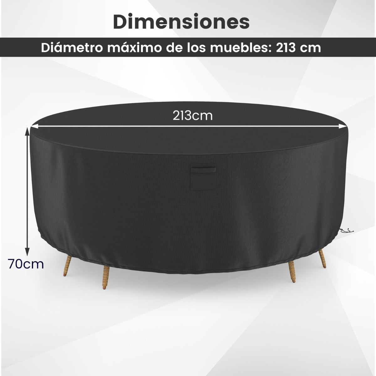 213 cm Funda Redonda Mesa Exterior Impermeable para Conjuntos de Muebles con Ventilación Hebillas y Cordones Funda Impermeable Negro