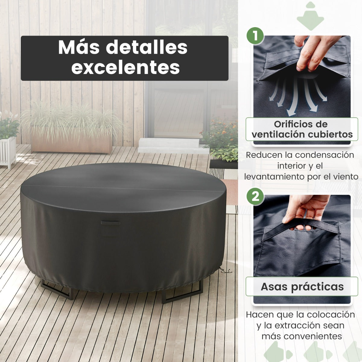 213 cm Funda Redonda Mesa Exterior Impermeable para Conjuntos de Muebles con Ventilación Hebillas y Cordones Funda Impermeable Negro