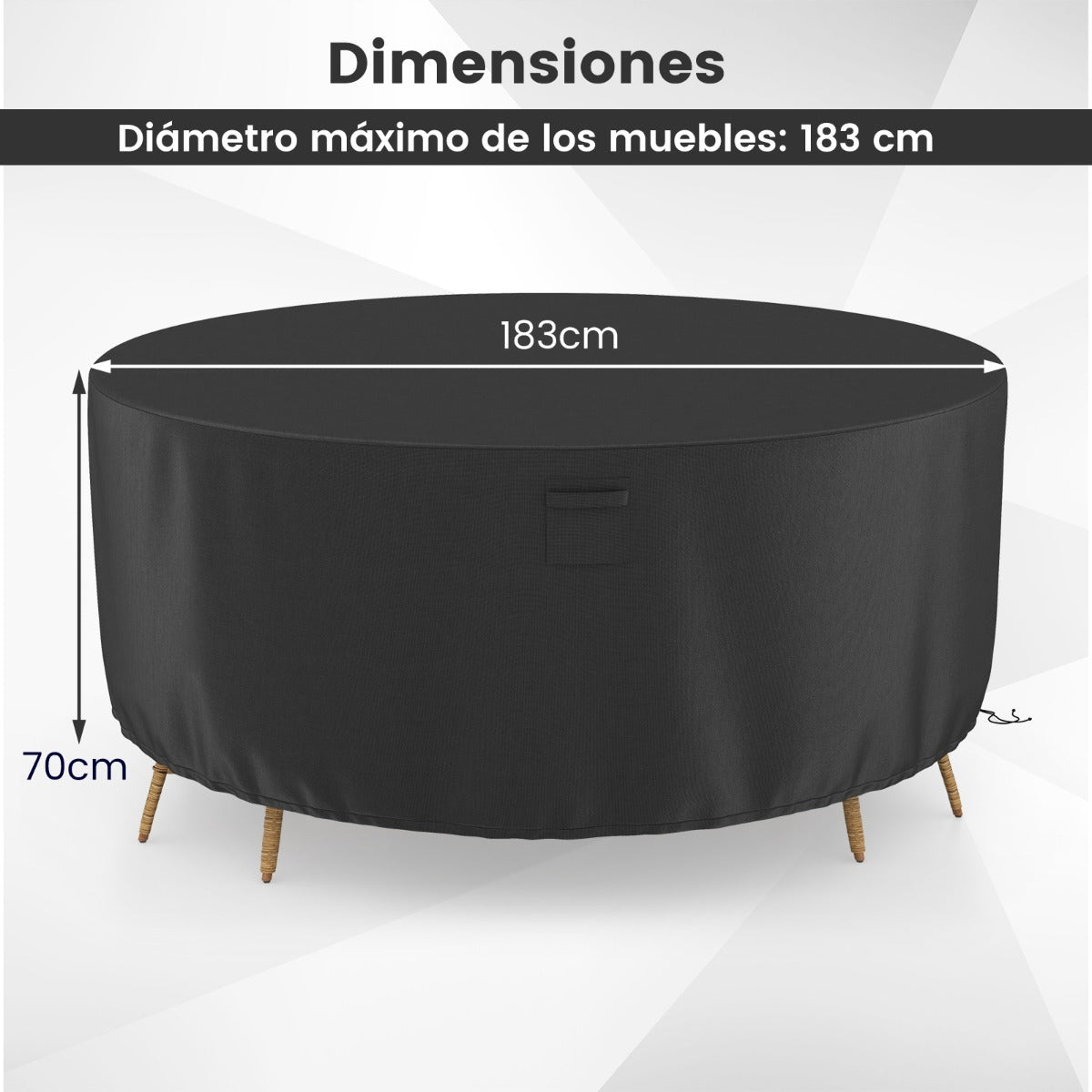 183 cm Funda Redonda Mesa Exterior Impermeable para Conjuntos de Muebles con Ventilación Hebillas y Cordones Funda Impermeable Negro