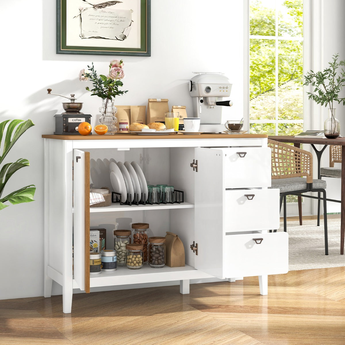 Gabinete con 2 Puertas y 3 Cajones Armario de Cocina de Madera Antivuelco Aparador Mesa de Bar de Café para Sala de Estar Comedor Blanco