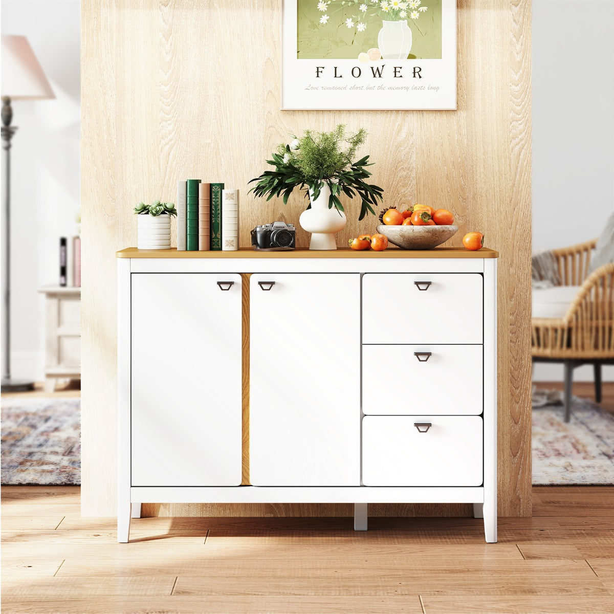 Gabinete con 2 Puertas y 3 Cajones Armario de Cocina de Madera Antivuelco Aparador Mesa de Bar de Café para Sala de Estar Comedor Blanco