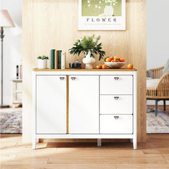 Gabinete con 2 Puertas y 3 Cajones Armario de Cocina de Madera Antivuelco Aparador Mesa de Bar de Café para Sala de Estar Comedor Blanco