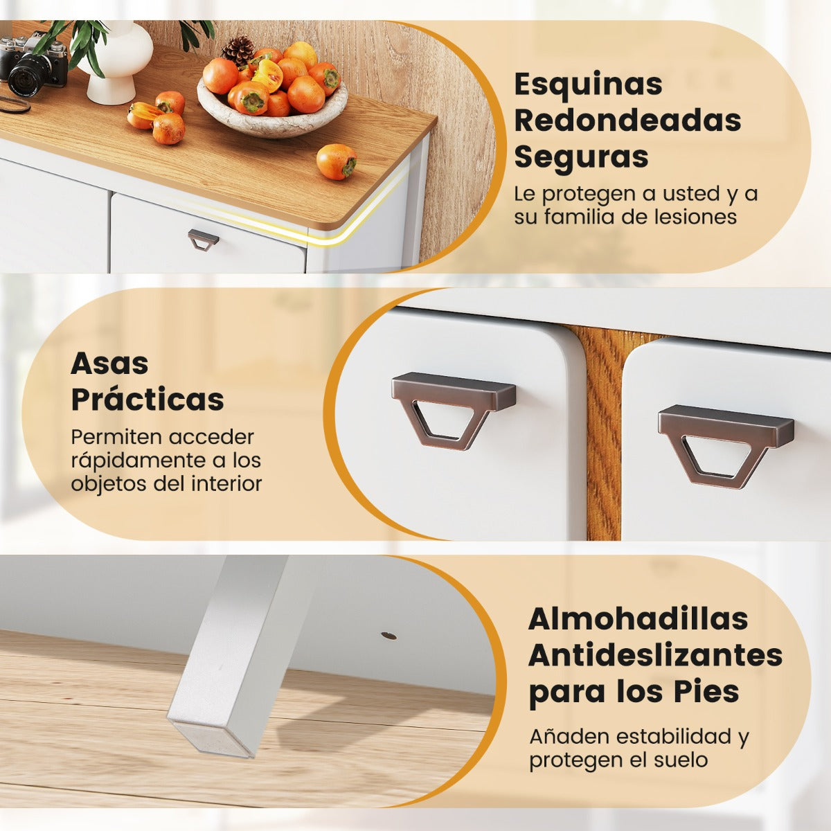 Gabinete con 2 Puertas y 3 Cajones Armario de Cocina de Madera Antivuelco Aparador Mesa de Bar de Café para Sala de Estar Comedor Blanco