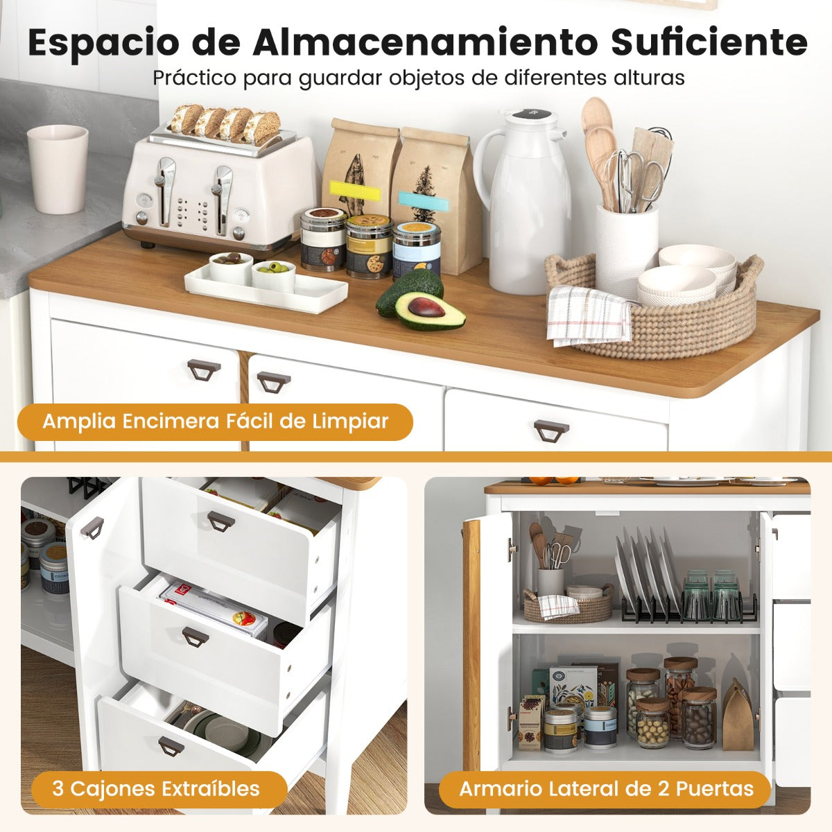 Gabinete con 2 Puertas y 3 Cajones Armario de Cocina de Madera Antivuelco Aparador Mesa de Bar de Café para Sala de Estar Comedor Blanco