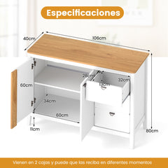 Gabinete con 2 Puertas y 3 Cajones Armario de Cocina de Madera Antivuelco Aparador Mesa de Bar de Café para Sala de Estar Comedor Blanco