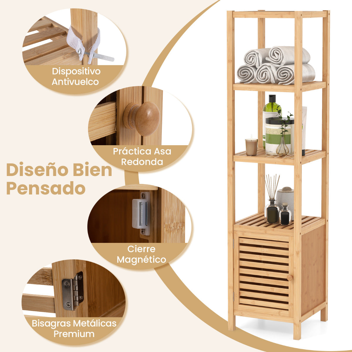 Gabinete de Almacenamiento de Bambú de 140 cm de Alto con 4 Estantes Abiertos y Puerta de Contraventana Estantería Independiente Natural