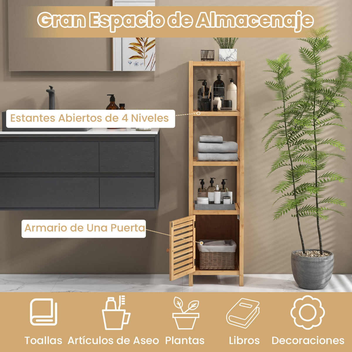 Gabinete de Almacenamiento de Bambú de 140 cm de Alto con 4 Estantes Abiertos y Puerta de Contraventana Estantería Independiente Natural