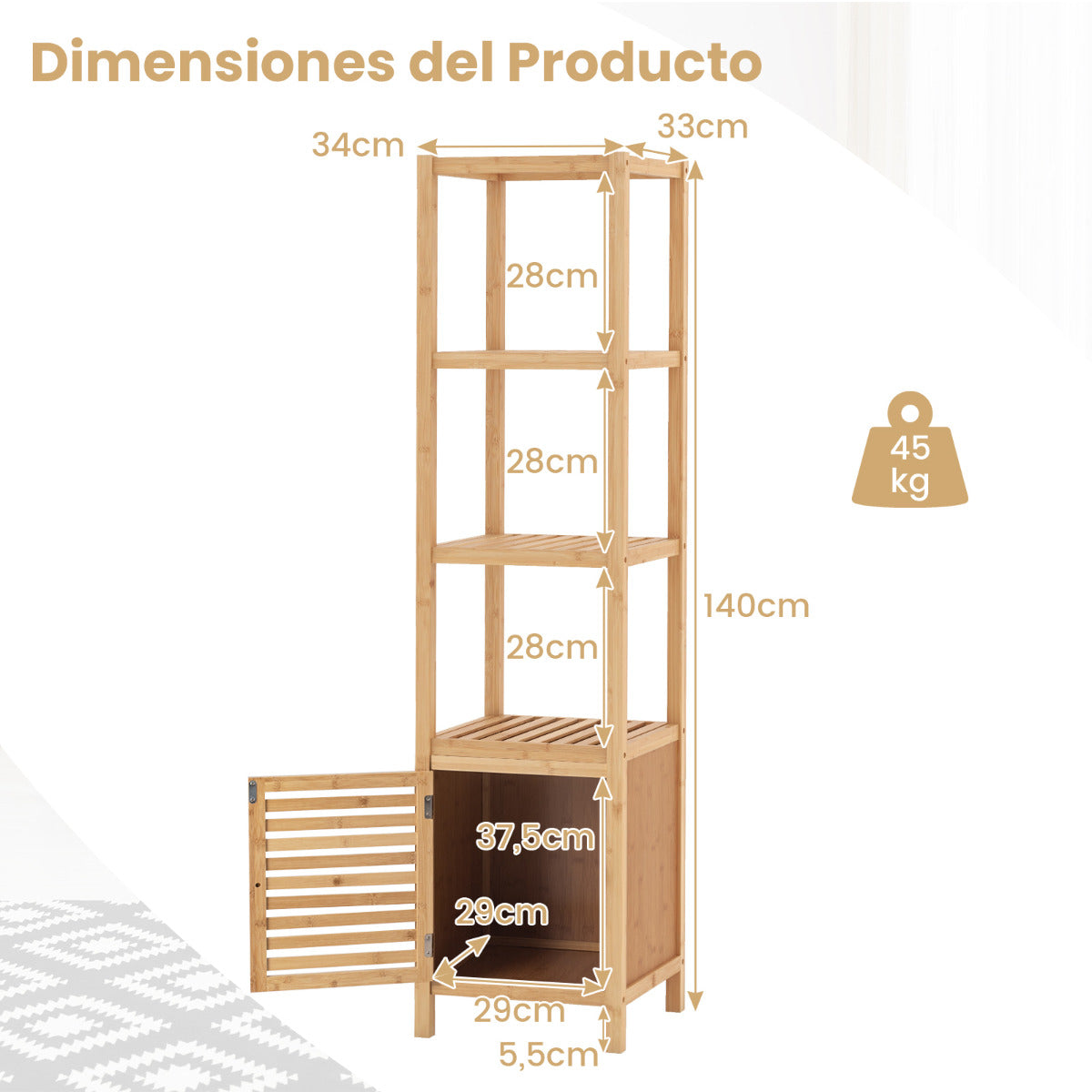 Gabinete de Almacenamiento de Bambú de 140 cm de Alto con 4 Estantes Abiertos y Puerta de Contraventana Estantería Independiente Natural