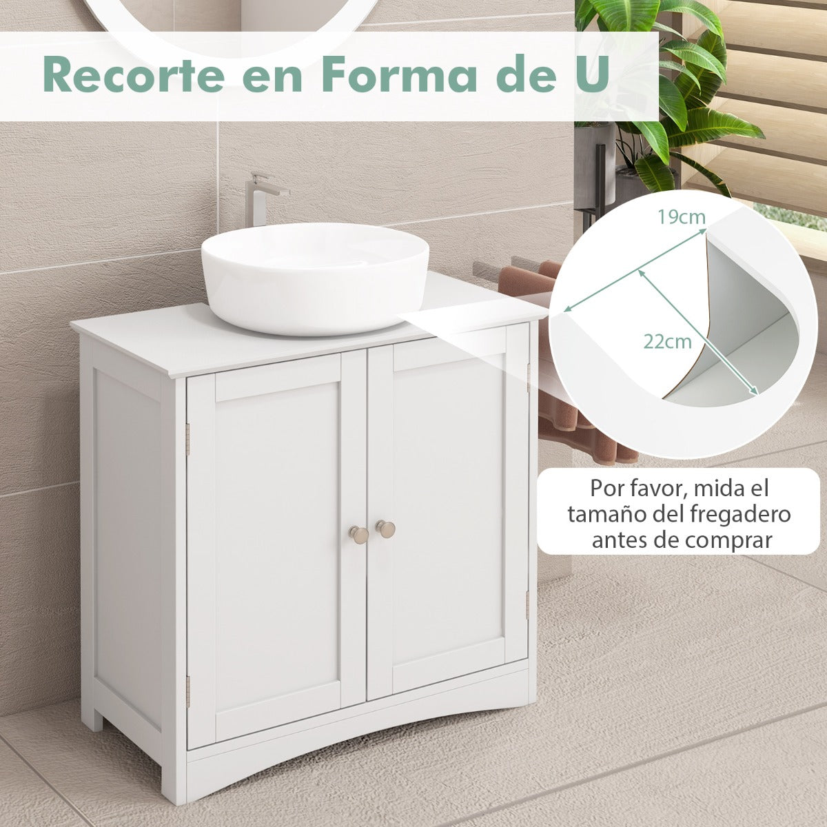 Armario Bajo Lavabo de Baño Independiente con 2 Puertas Estante y Recorte en Forma de U Moderno Organizador Ahorrador de Espacio Blanco