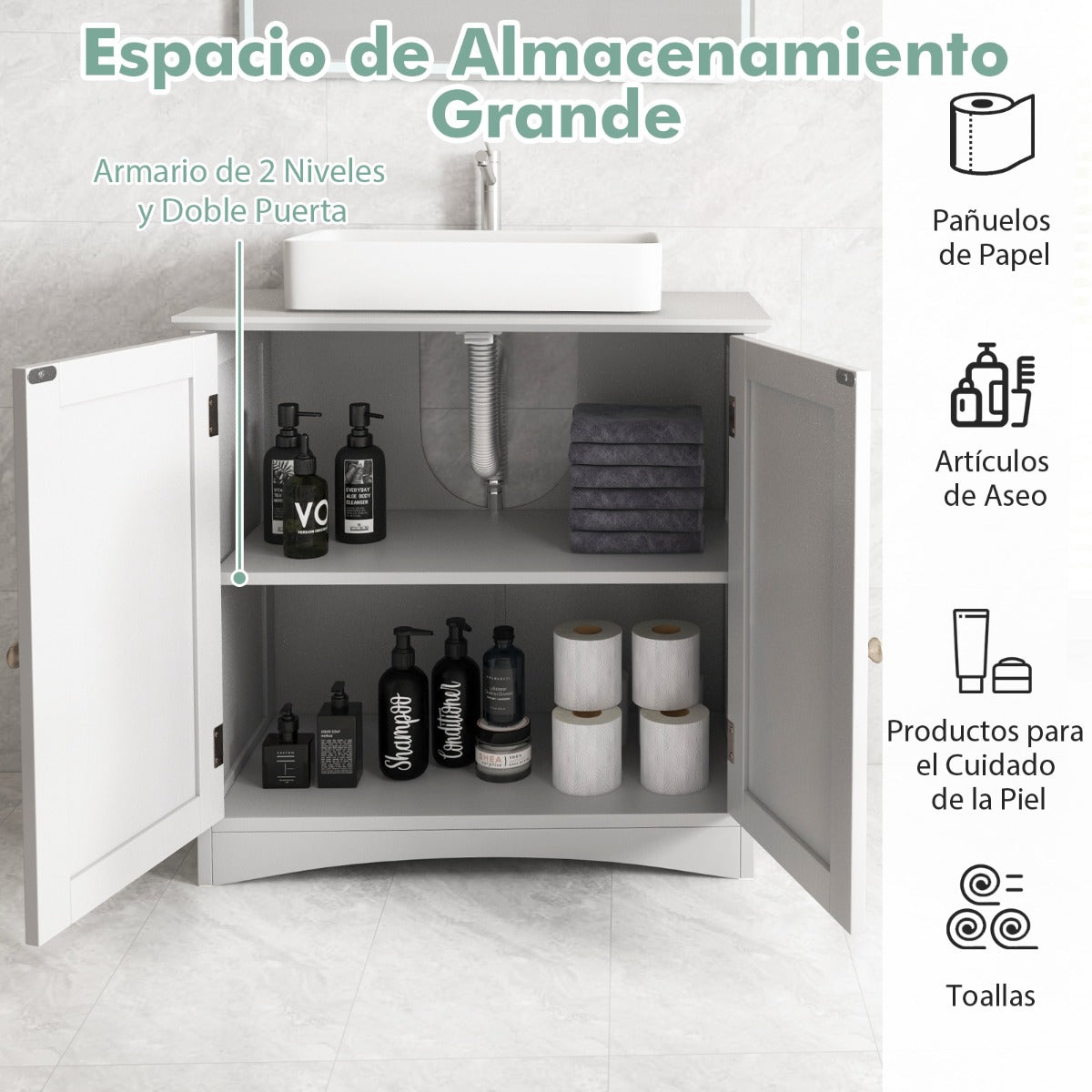 Armario Bajo Lavabo de Baño Independiente con 2 Puertas Estante y Recorte en Forma de U Moderno Organizador Ahorrador de Espacio Blanco