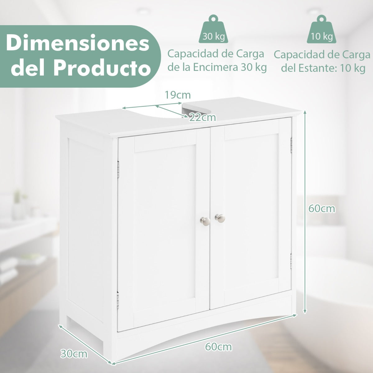 Armario Bajo Lavabo de Baño Independiente con 2 Puertas Estante y Recorte en Forma de U Moderno Organizador Ahorrador de Espacio Blanco