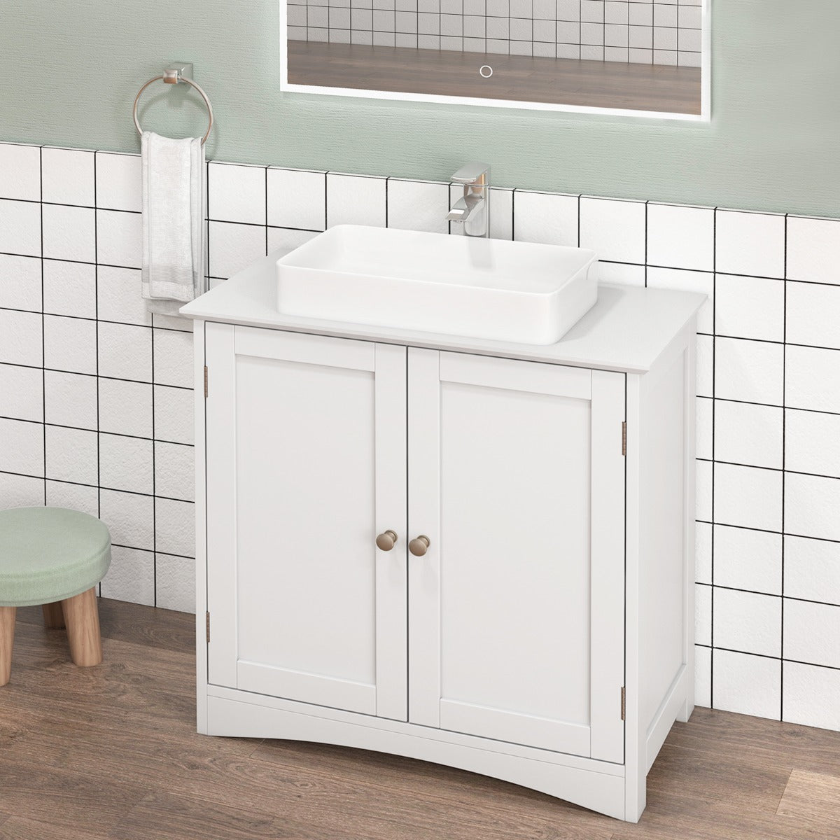 Armario Bajo Lavabo de Baño Independiente con 2 Puertas Estante y Recorte en Forma de U Moderno Organizador Ahorrador de Espacio Blanco