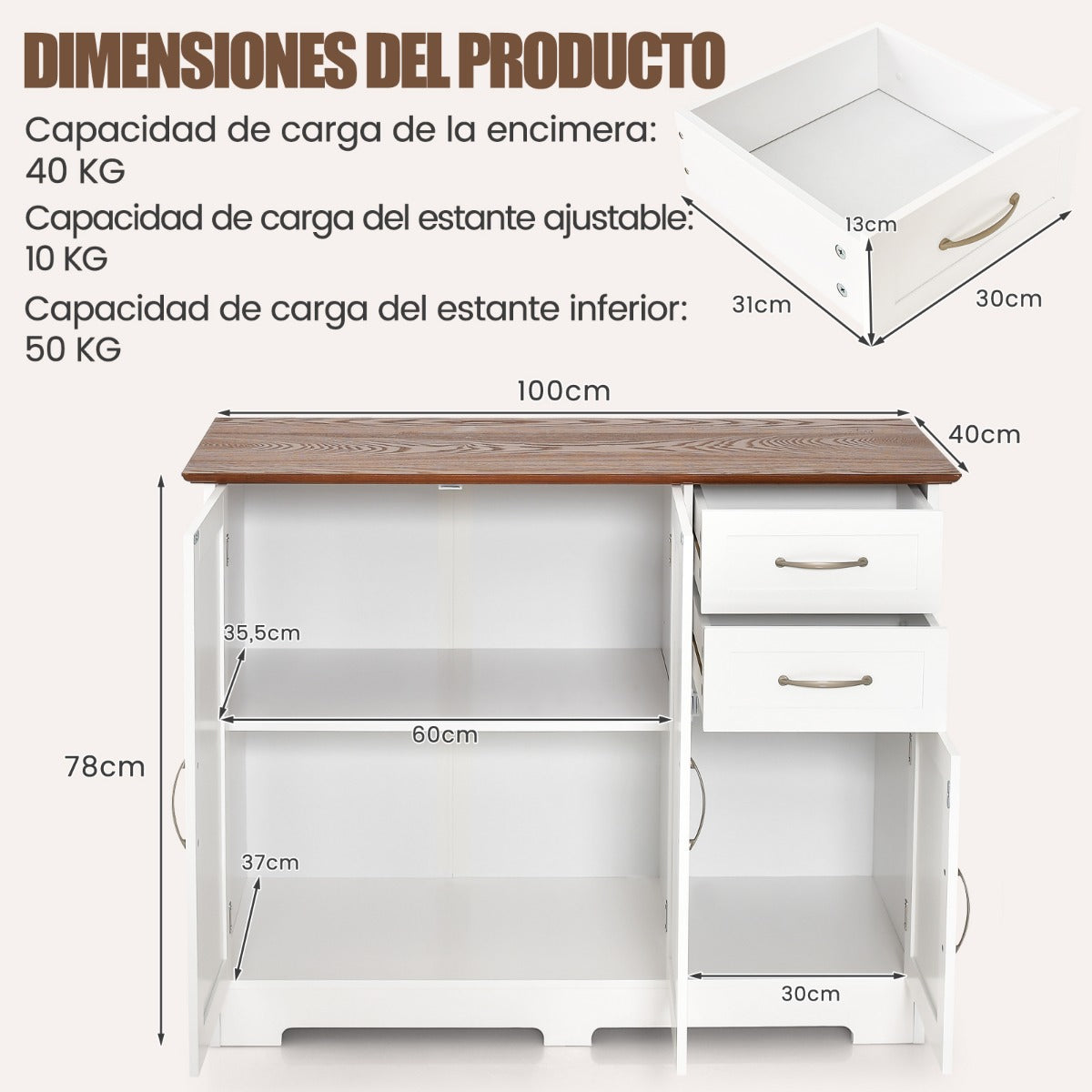 Mueble Auxiliar de Cocina con 2 Puertas 2 Cajones Estante Ajustable Gabinete de Almacenamiento Buffet para Comedor 100 x 40 x 78 cm Blanco