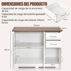 Mueble Auxiliar de Cocina con 2 Puertas 2 Cajones Estante Ajustable Gabinete de Almacenamiento Buffet para Comedor 100 x 40 x 78 cm Blanco