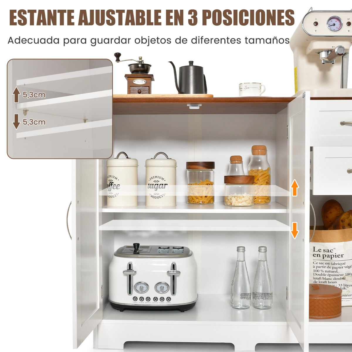 Mueble Auxiliar de Cocina con 2 Puertas 2 Cajones Estante Ajustable Gabinete de Almacenamiento Buffet para Comedor 100 x 40 x 78 cm Blanco