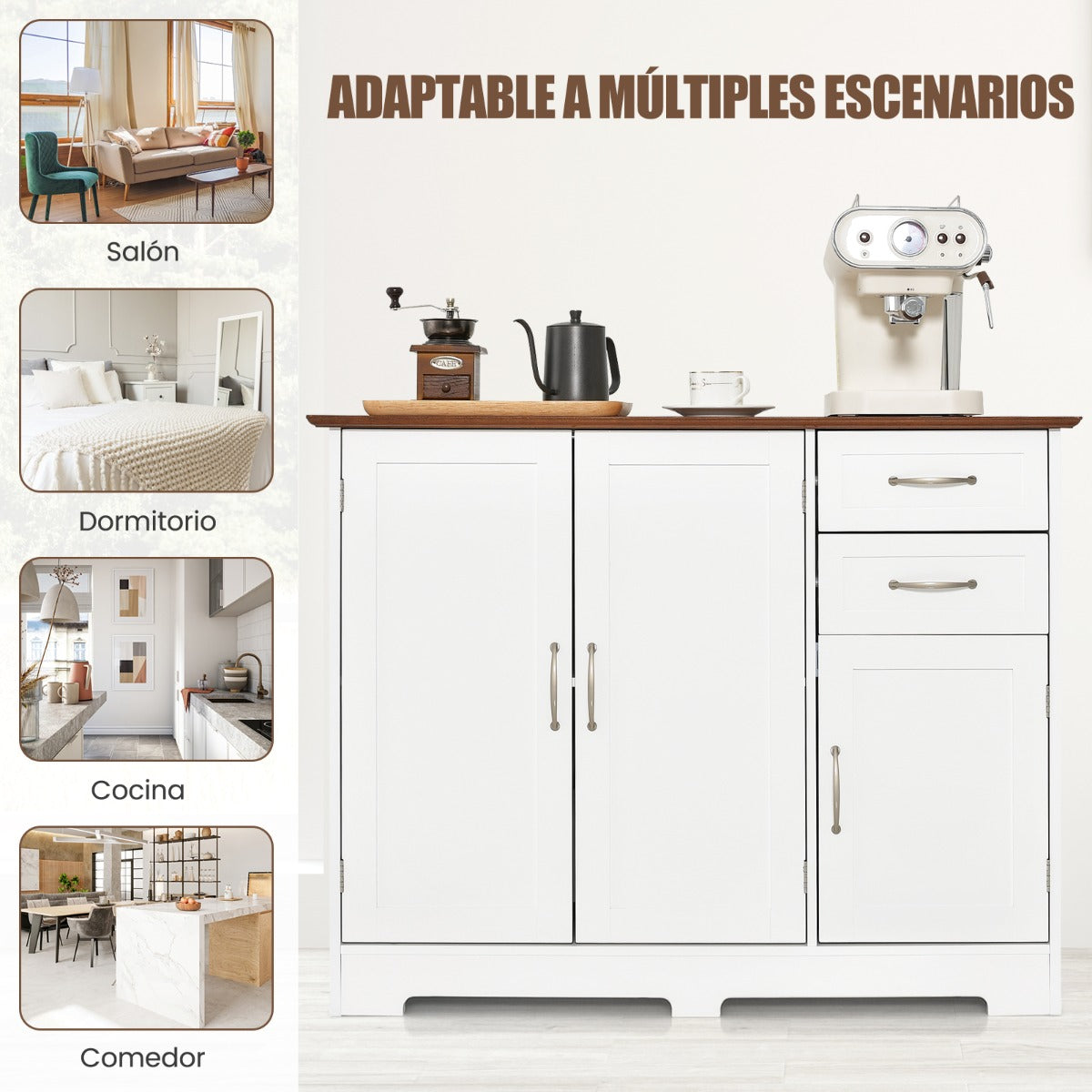 Mueble Auxiliar de Cocina con 2 Puertas 2 Cajones Estante Ajustable Gabinete de Almacenamiento Buffet para Comedor 100 x 40 x 78 cm Blanco