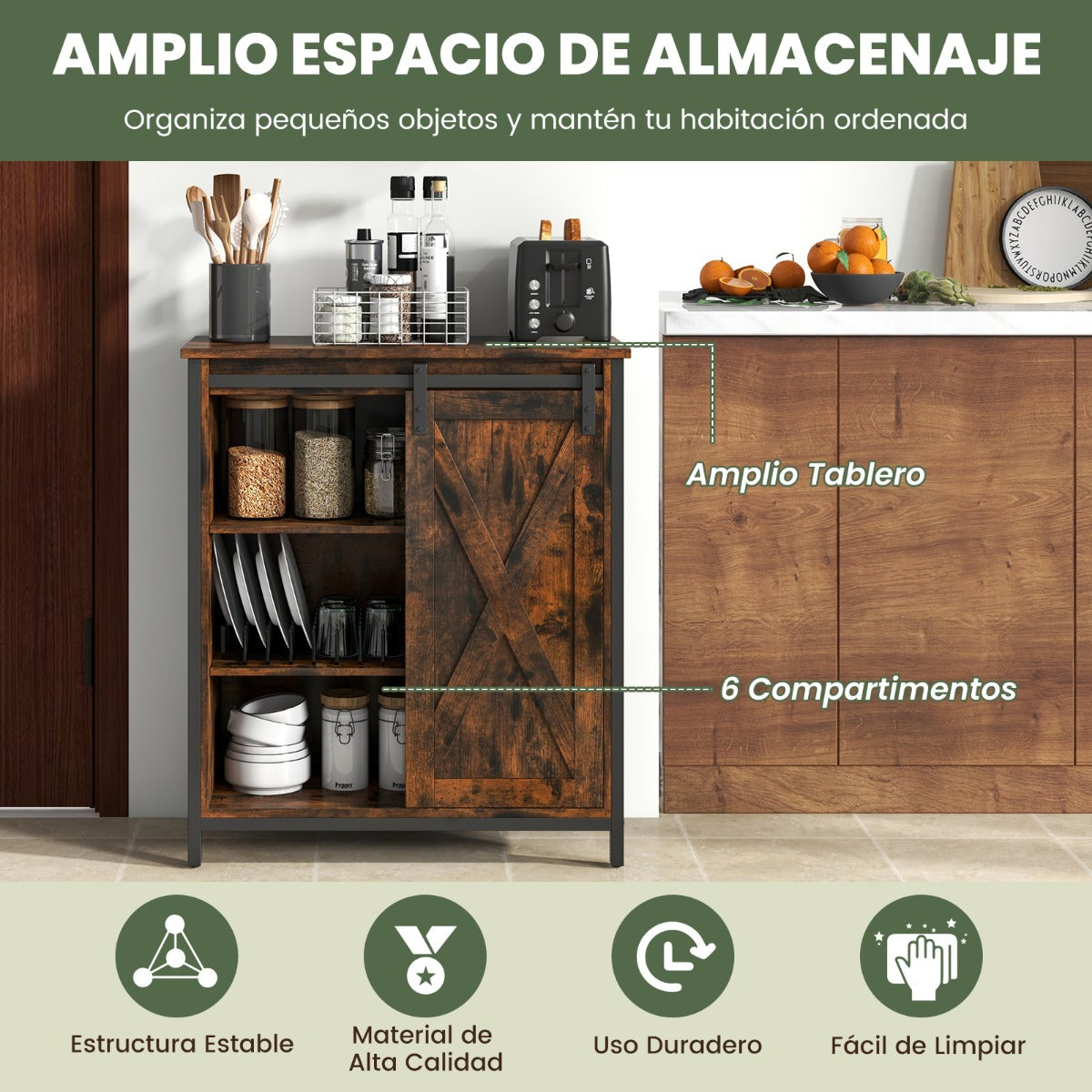 Gabinete de Almacenamiento Estilo Granja de 81 cm Aparador con Puerta Corrediza de Granero Estantes Ajustables para Comedor Marrón